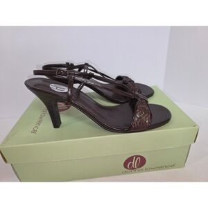 Donna Lawrence Molly Dark Brown Woven Bow T-Strap Sandals Heels Womens 7.5 M
356